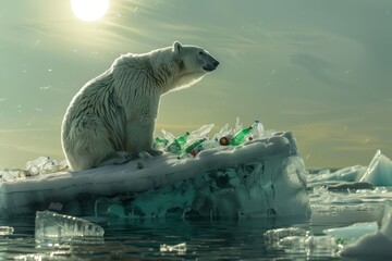 Obraz premium a polar bear sitting on an iceberg with plastic bottles garbage, plastic pollution