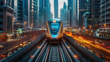A sleek futuristic train speeds along a neon-lit track, cutting through the heart of a bustling, high-tech city under a dusky sky.