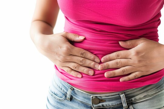 Person with stomach pain on a white background, stomachache, Abdomen bloating concept