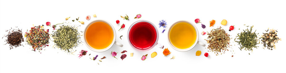 Creative layout made of cups of tea, green tea, black tea, fruit and herbal tea, sencha, hibiscus,...