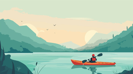 Kayaking adventure scenery background flat cartoon - obrazy, fototapety, plakaty