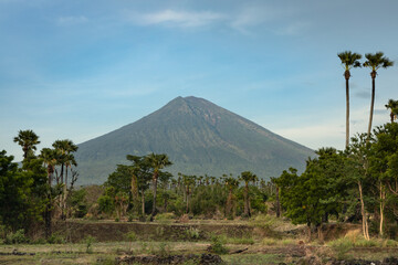 Rural natural part of Bali island covered in vegetation  and mount Agung volcano view in Karangasem district, Amed early in the morning