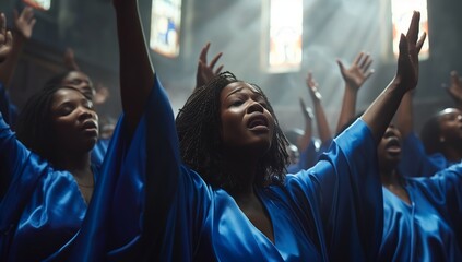 A crowd of women in electric blue robes are entertaining the church event with joyful gestures and sharing fun performing arts with thumbs up in the air - obrazy, fototapety, plakaty