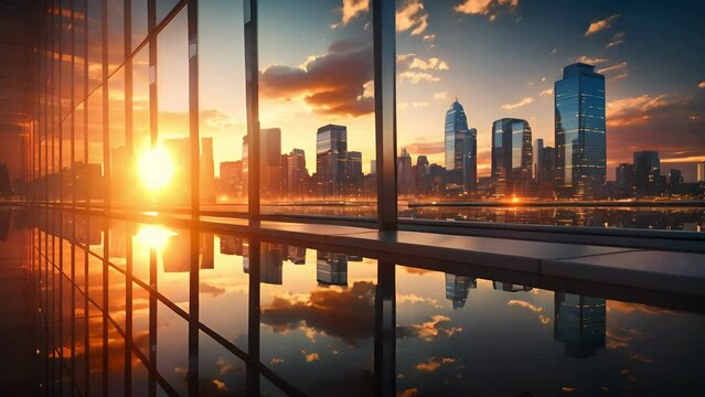 office building or business center.window buildings made of glass reflect the clouds and the sunset. empty street outside  wall modernity civilization, commercial, skyscraper, architecture