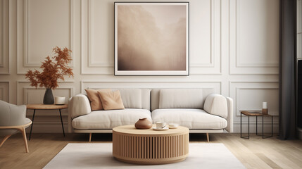 Sophisticated Beige Living Room with Muted Abstract Wall Art and Textured Decor
