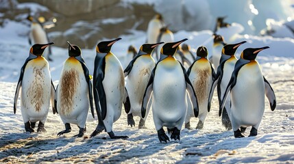 A colony of penguins waddling across the icy terrain, braving the cold together
