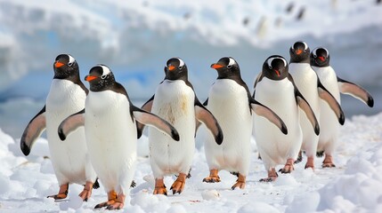 Obraz premium A colony of penguins waddling across the icy terrain, braving the cold together