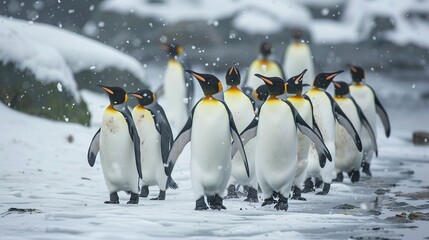 A colony of penguins waddling across the icy terrain, braving the cold together - obrazy, fototapety, plakaty