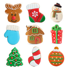 Different tasty Christmas cookies isolated on white, top view
