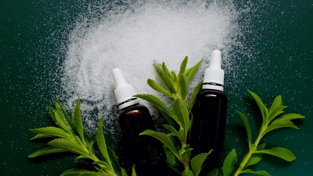 Stevia extract liquid and stevia powder with green leaves on dark green background.Stevia rebaudiana.Vegetable sweetener.Stevia plant.Alternative Low Calorie Vegetable Sweetener.Sugar substitute. 