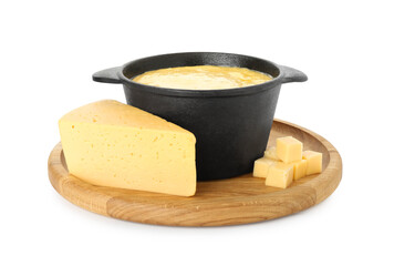 Fondue with tasty melted cheese and pieces isolated on white