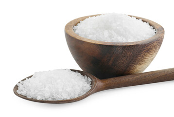 Natural salt in wooden bowl and spoon isolated on white