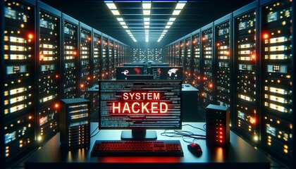 Warning message 'System Hacked' displayed  for advanced persistent threats, network security breaches cybersecurity concept 