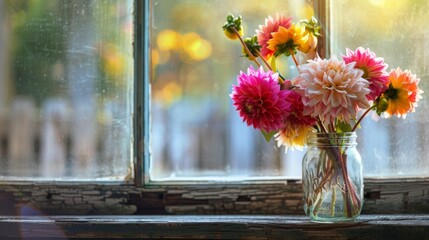 Colorful Dahlia Flowers Bouquet in Mason Jar on Vintage Window Sill