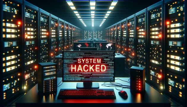 Warning message 'System Hacked' displayed  for advanced persistent threats, network security breaches cybersecurity concept 