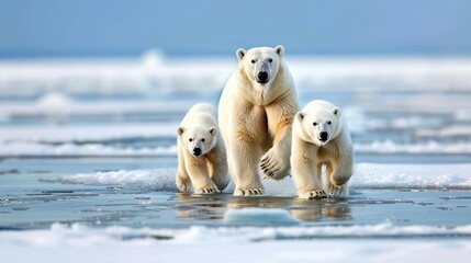 A family of polar bears traversing the Arctic ice floes, hunting for seals - obrazy, fototapety, plakaty