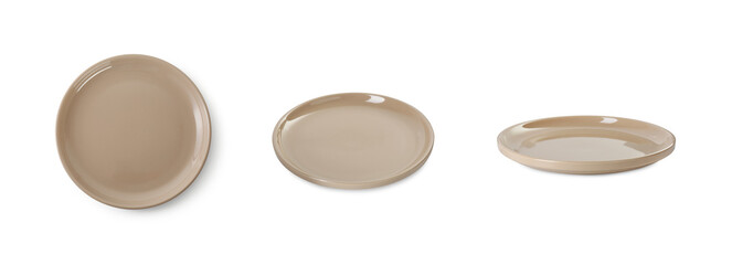 Empty ceramic plate isolated on white, set with different views