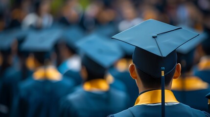Graduate in cap and gown focused amidst a blurred - obrazy, fototapety, plakaty