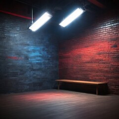 Rays neon light on neon brick wall of an empty room. Empty scene with a table placed insight a wall of room