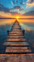 A wooden bridge stretches across the water amidst a beautiful valley.