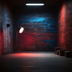 Rays neon light on neon brick wall of an empty room. Empty scene with a table placed insight a wall of room