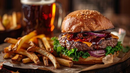 Gourmet cheeseburger with crispy fries and autumn ale on wooden table