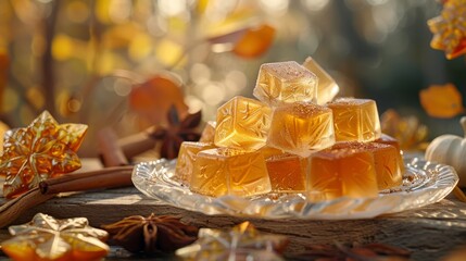 Autumn flavored jelly candies on a plate with seasonal spices - obrazy, fototapety, plakaty