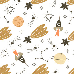 seamless pattern with cartoon planet, spaceship, comet, decor elements. Colorful vector for kids. Space. hand drawing. baby design for fabric, print, wrapper, textile