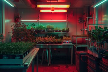 Indoor urban farm with hydroponic system under artificial grow lights