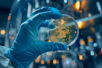 A scientist wearing blue gloves holding a petri dish with bacteria or virus samples