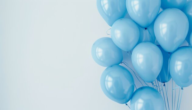 A cluster of pale blue helium balloons floating against a clean white background