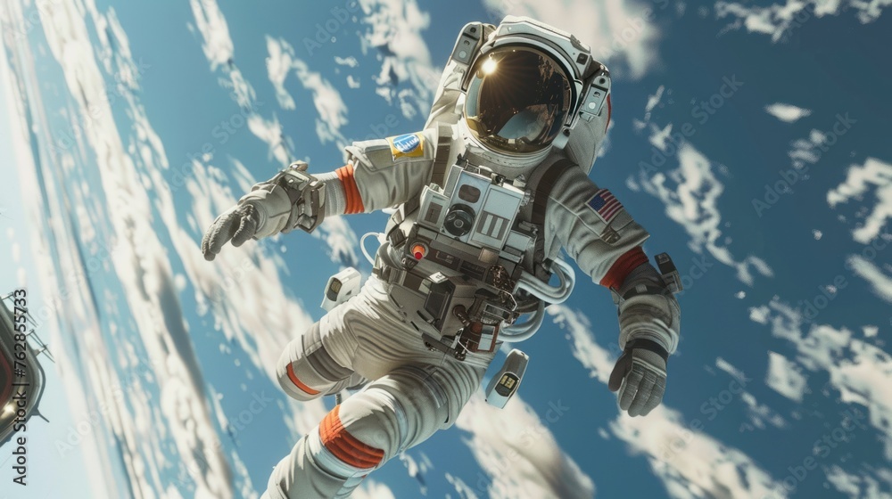 Wall mural an astronaut jumps out of a spaceship into outer space. the animation is designed for fantastic, fut