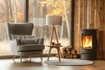 The living room features a fireplace, chair, and table. The property has hardwood flooring and a cozy interior design