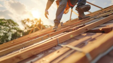 Close up of roof worker building a wood structure house construction on roof in background of shining. Construction concept of success or achievement.
