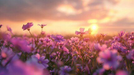 Fototapeta premium Close-up of purple flowers growing on field during sunset 