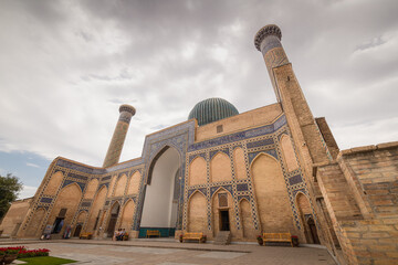 Parade portal of Gur-e-Amir mausoleum, famous architectural complex, Uzbekistan