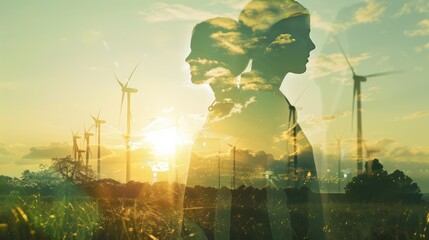 Double exposure graphic of business people working over wind turbine farm and green renewable energy worker interface. Concept of sustainability development by alternative energy. uds