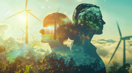 Double exposure graphic of business people working over wind turbine farm and green renewable energy worker interface. Concept of sustainability development by alternative energy. uds