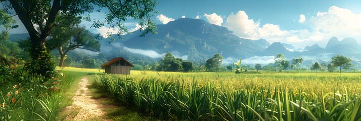 A serene journey into nature's heart: Lush green fields, towering mountains, and a clear serene sky - obrazy, fototapety, plakaty