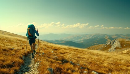 Fototapeta premium Middle aged male hiker exploring mountain landscape for outdoor adventure with space for text