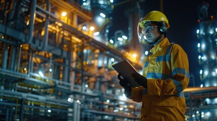 Engineer wear uniform and helmet stand workplace hand holding tablet and laptop computer, survey inspection team work plant site to work with night lights oil refinery background. 