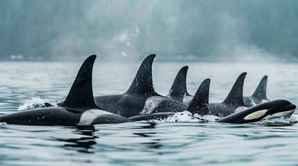 A pod of orcas swimming in synchronized motion - obrazy, fototapety, plakaty