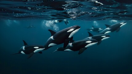 A pod of orcas swimming in synchronized motion