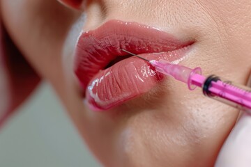 A woman is having her lips injected with a syringe, enhancing her appearance with cosmetic treatment on her mouth