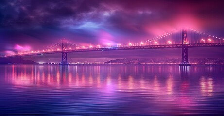 A bridge over a body of water with a pinkish hue