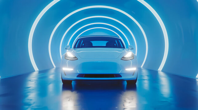 Yellow wireframe Modern Electric car rides through Blue tunnel - Powered by Adobe