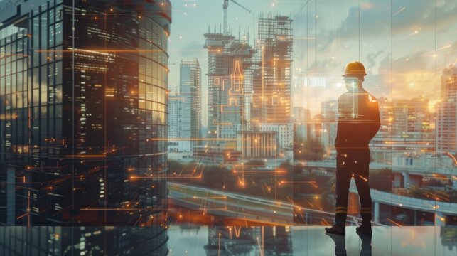 Future building construction engineering and technology project concept. double exposure graphic with engineer using digital tablet and smart industry and IOT software to control operation