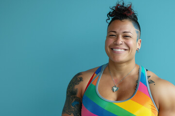 Strong and muscular lesbian, copy space of a latina bodybuilder woman with lgbt pride colours and a blue background - obrazy, fototapety, plakaty