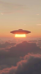 A UFO is flying through the sky above a beautiful sunset