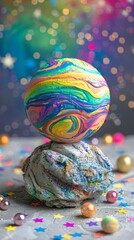 A colorful ball is sitting on top of a gray rock